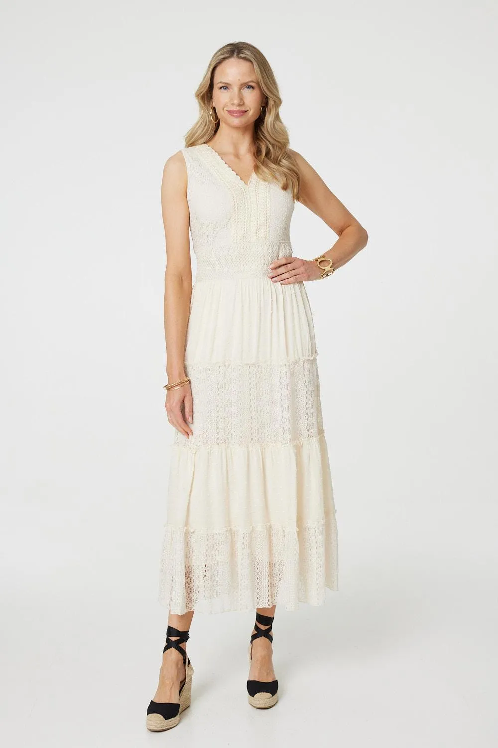 Lace Detail Sleeveless Tiered Maxi Dress