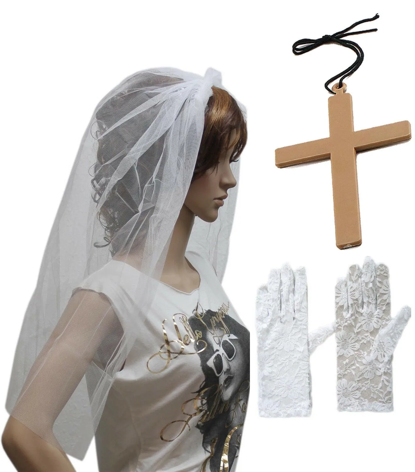 Ladies White Veil on Hair Band Lace Gloves Monk Cross Christmas Party Costume