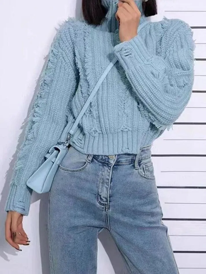 LANFUBEISI - Crochet Ripped High Neck Sweater