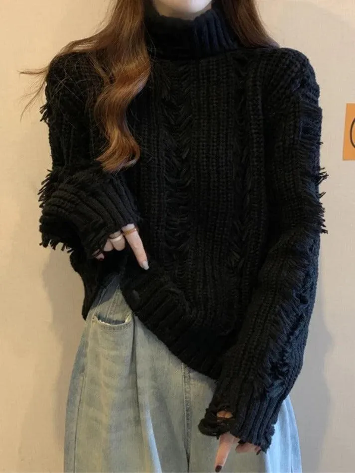 LANFUBEISI - Crochet Ripped High Neck Sweater