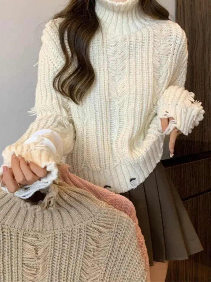 LANFUBEISI - Crochet Ripped High Neck Sweater