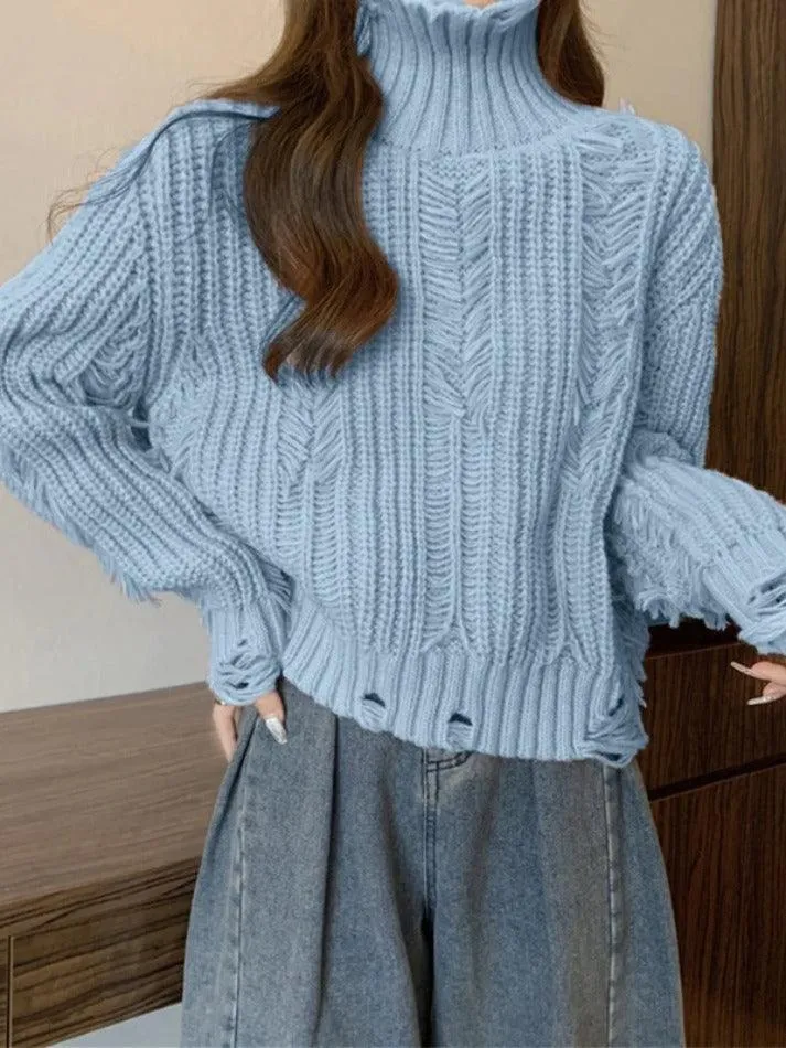 LANFUBEISI - Crochet Ripped High Neck Sweater