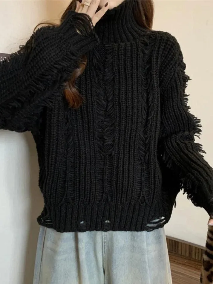 LANFUBEISI - Crochet Ripped High Neck Sweater