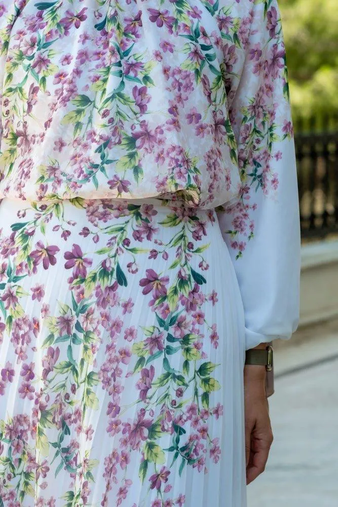 Lipsyy exclusive long sleeve not sheer lined top with maxi skirt in pleat in pink floral print