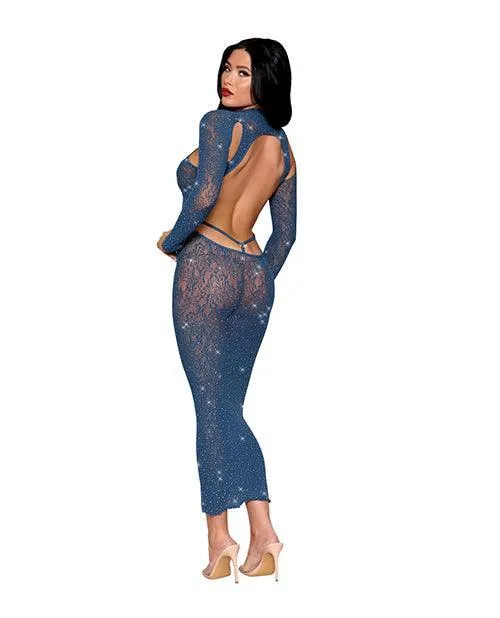 Long-Sleeved Seamless Open Back Bodystocking Gown w/Rhinestone Detail - Twilight Blue O/S