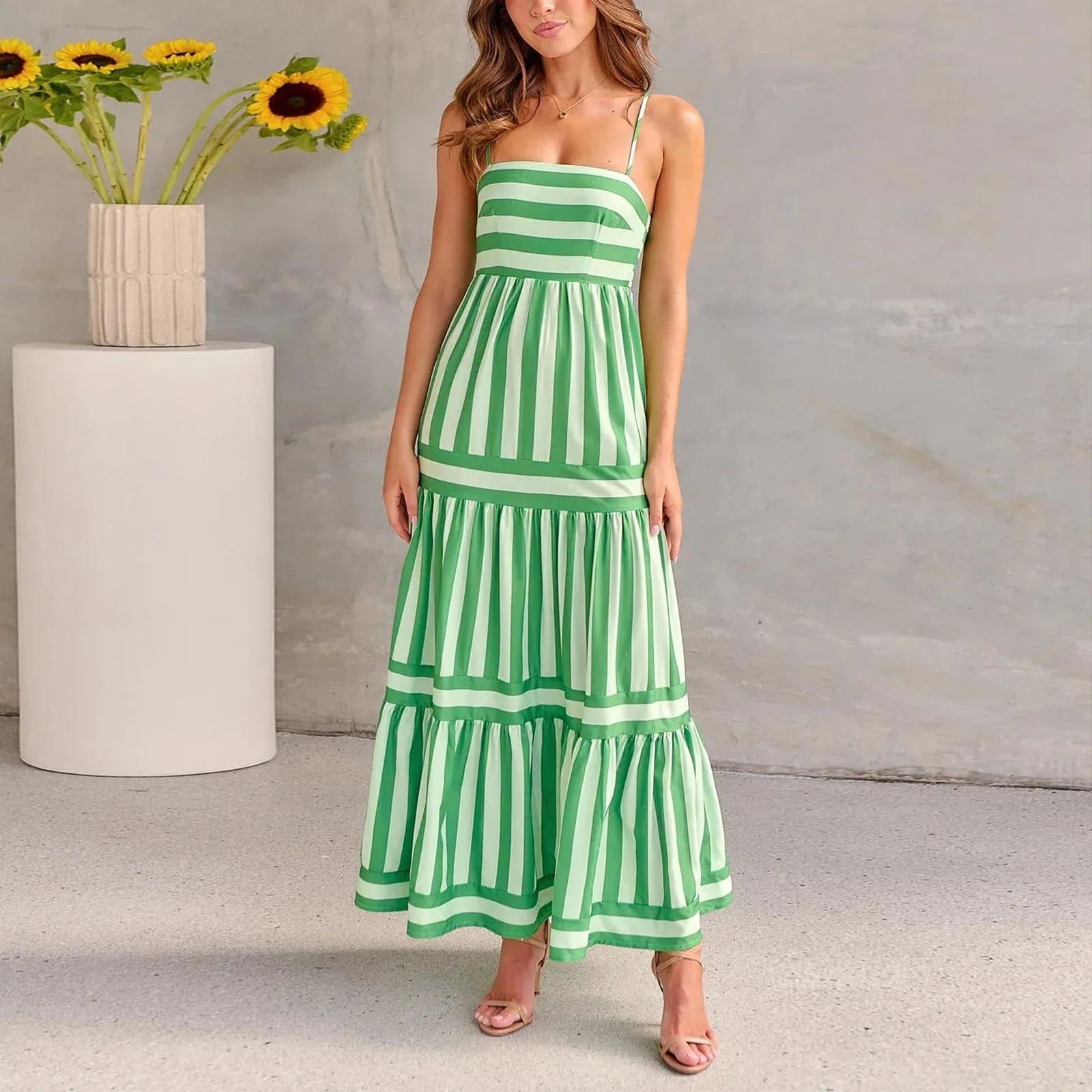 Long Tiered Sleeveless Spaghetti Strap Square Neck Striped Summer Bohemian Dress