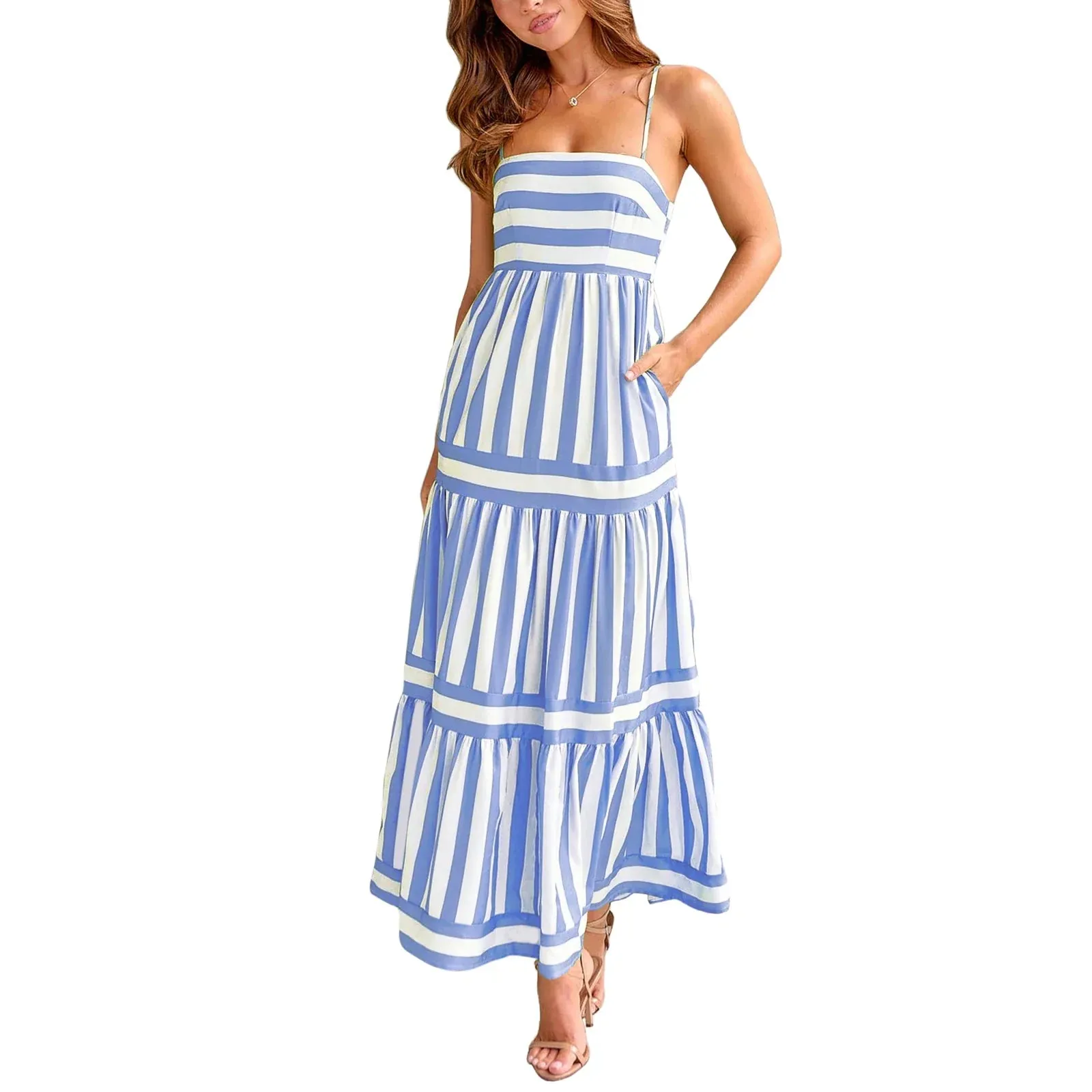 Long Tiered Sleeveless Spaghetti Strap Square Neck Striped Summer Bohemian Dress