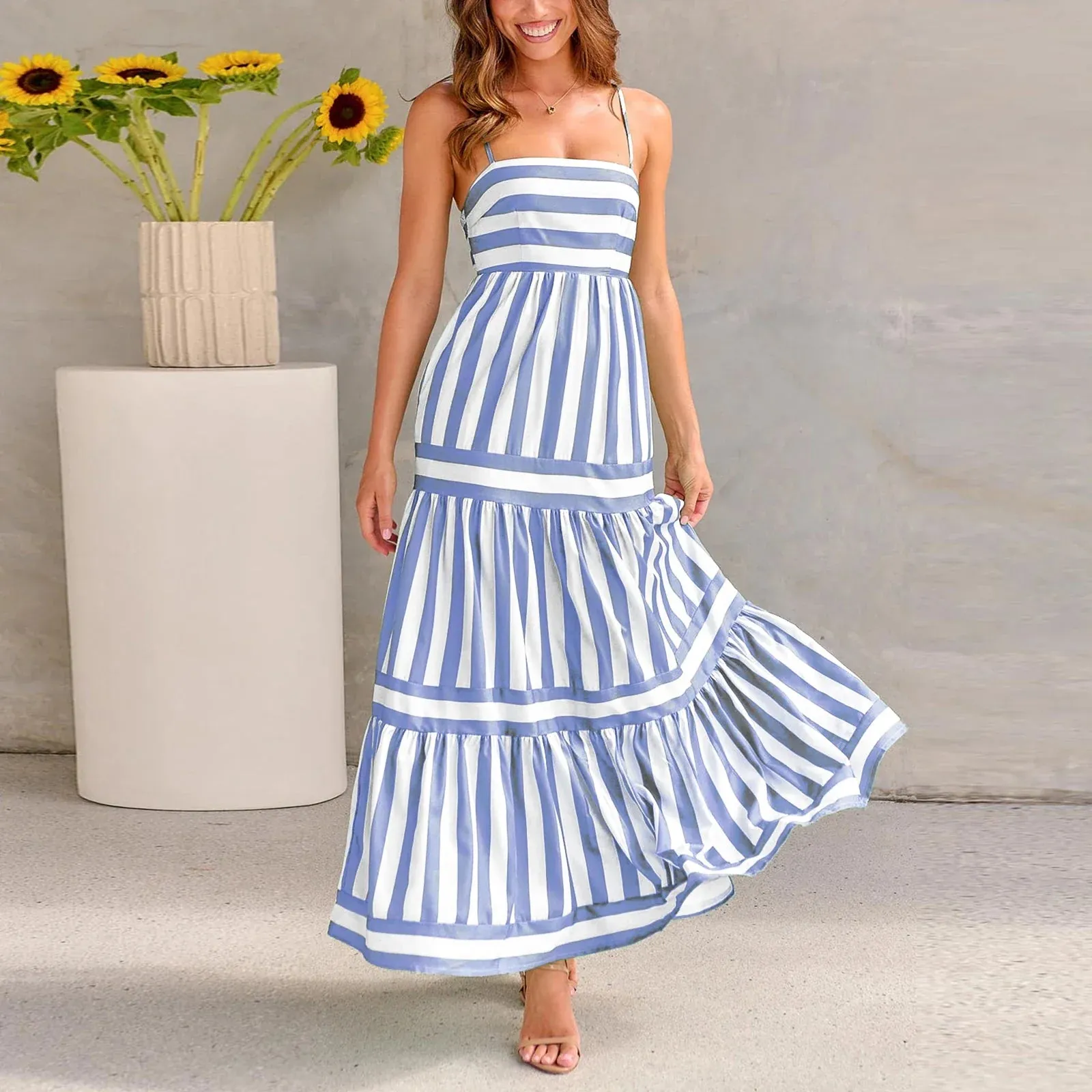 Long Tiered Sleeveless Spaghetti Strap Square Neck Striped Summer Bohemian Dress