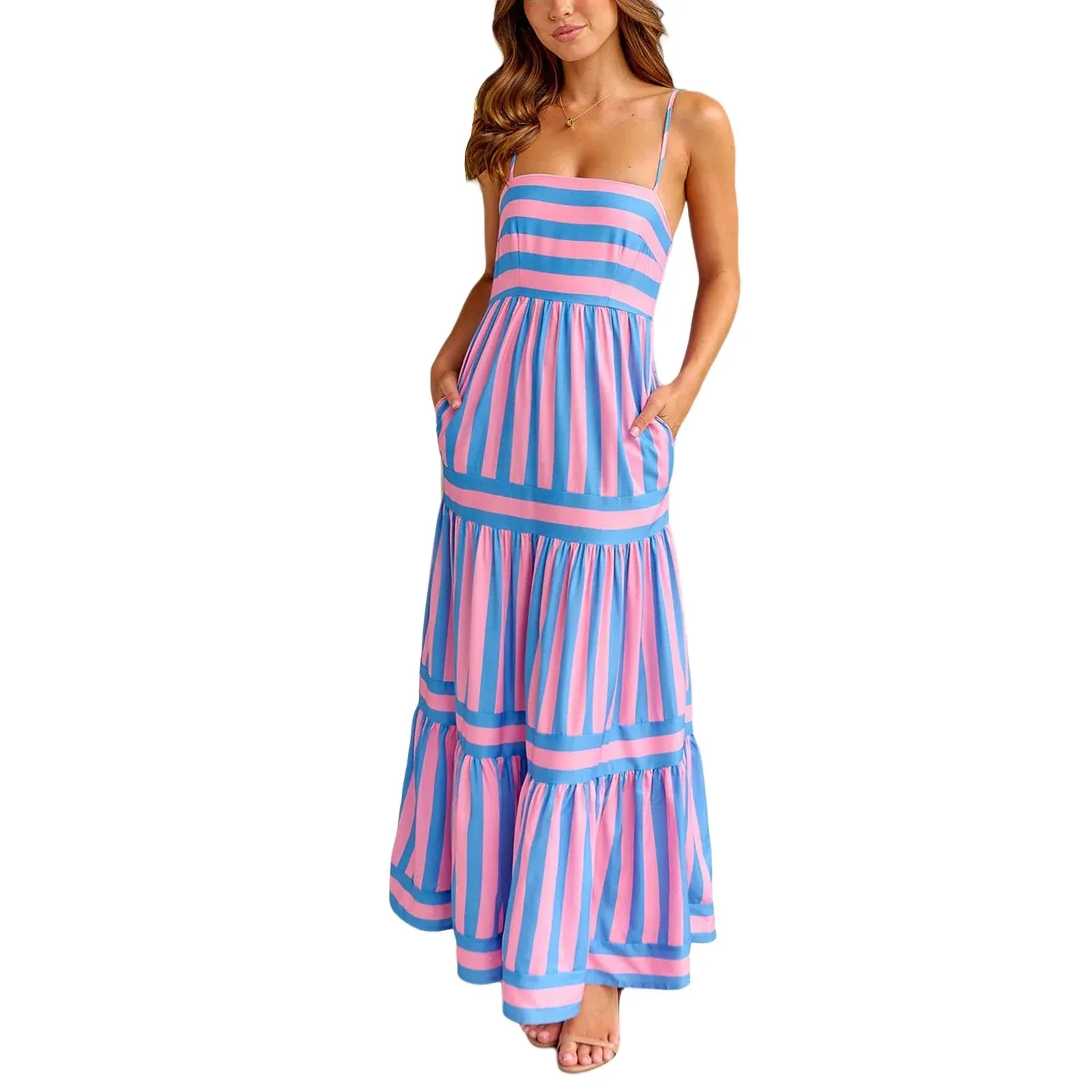 Long Tiered Sleeveless Spaghetti Strap Square Neck Striped Summer Bohemian Dress