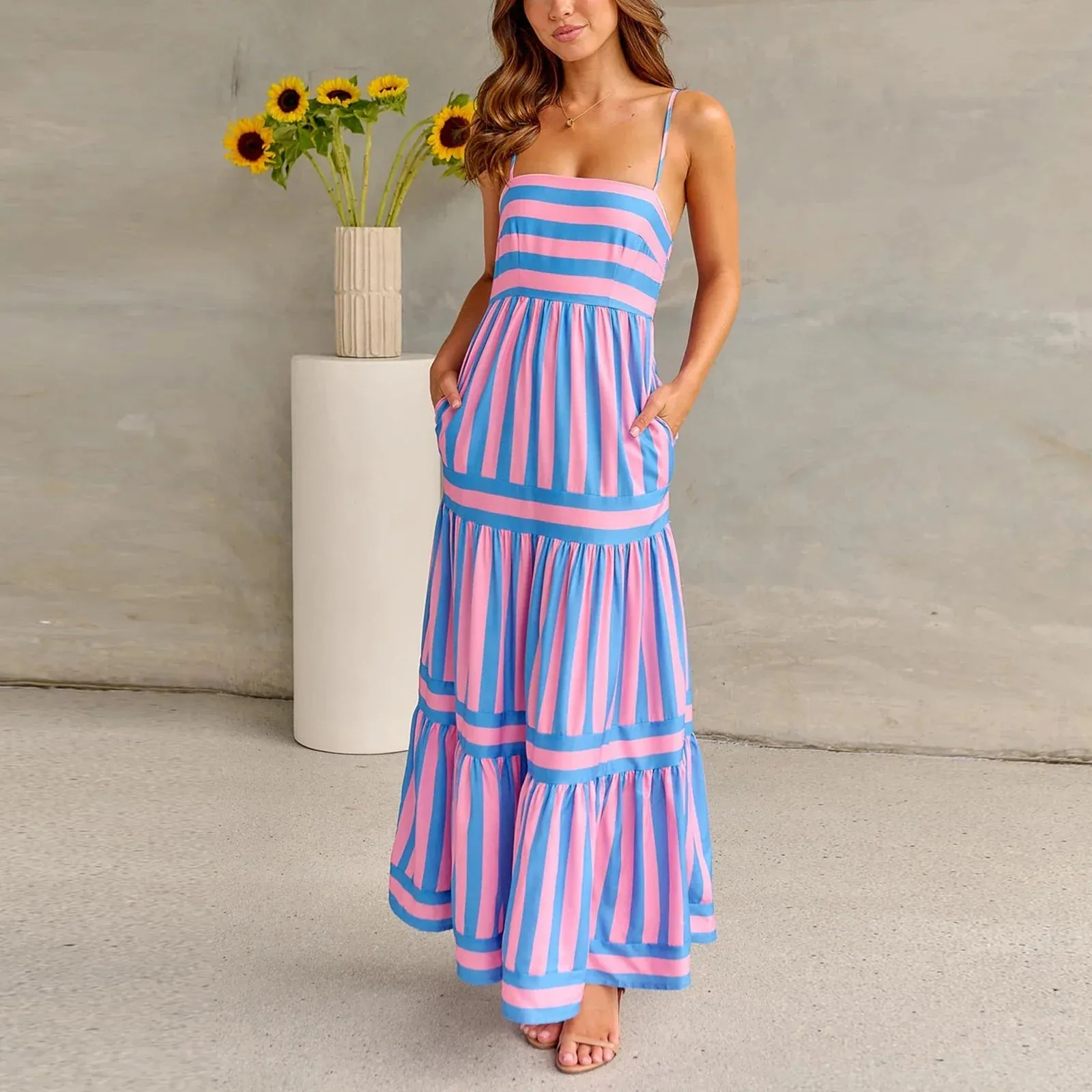 Long Tiered Sleeveless Spaghetti Strap Square Neck Striped Summer Bohemian Dress