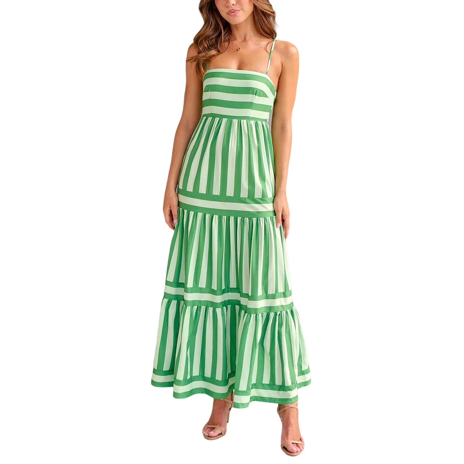 Long Tiered Sleeveless Spaghetti Strap Square Neck Striped Summer Bohemian Dress