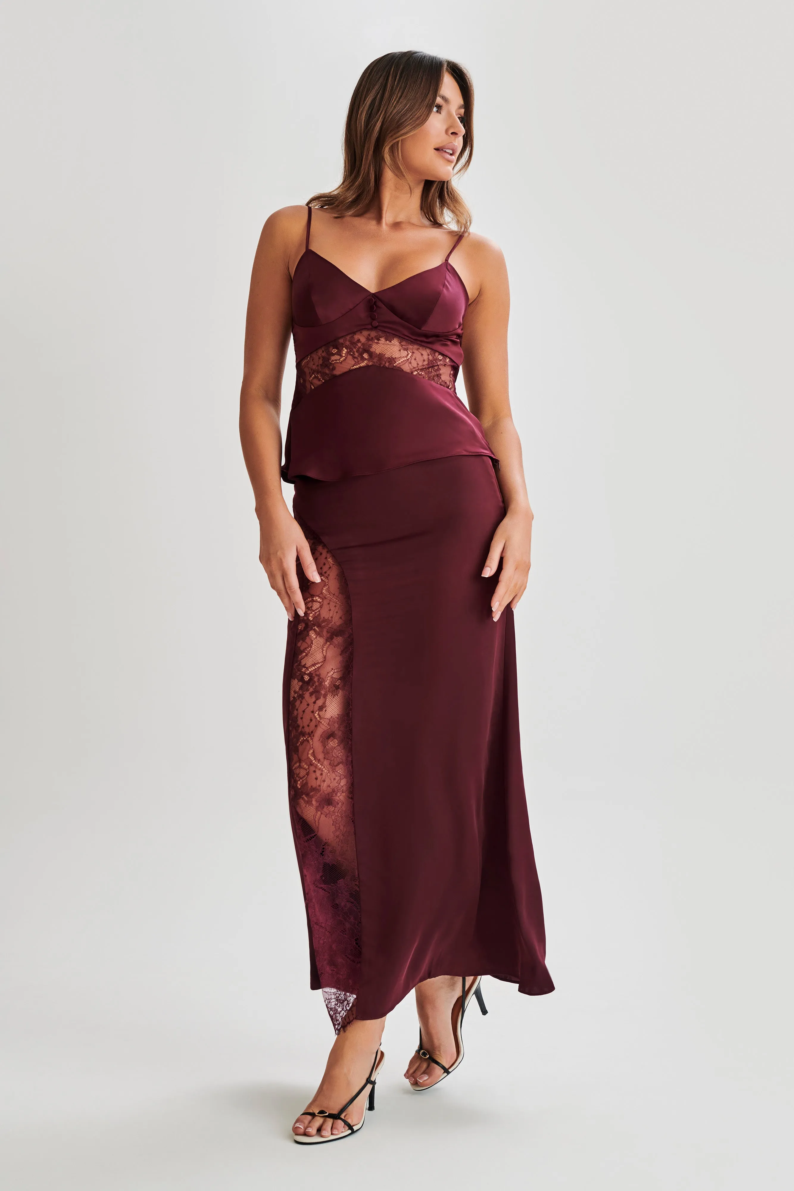 Luella Satin Lace Maxi Skirt - Plum