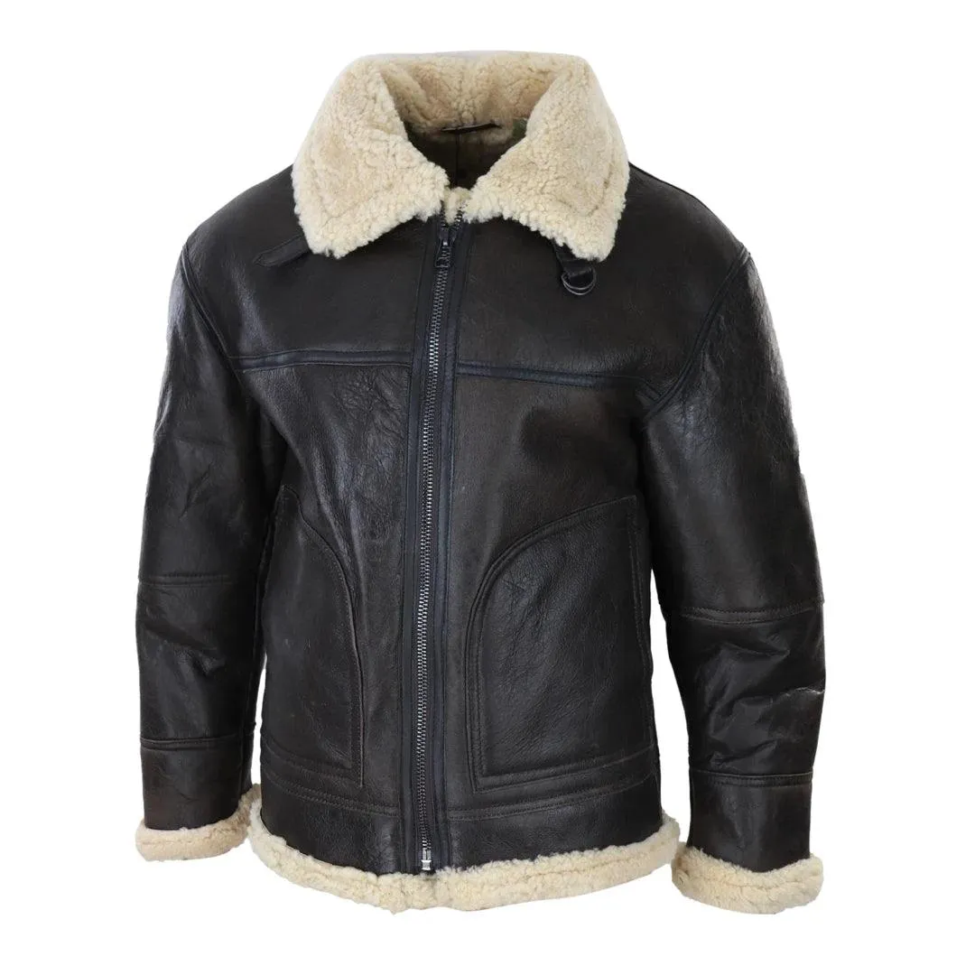 Mens Brown Real Sheepskin Flying Jacket Zipped Cream Fur Classic WW2 Pilot Military