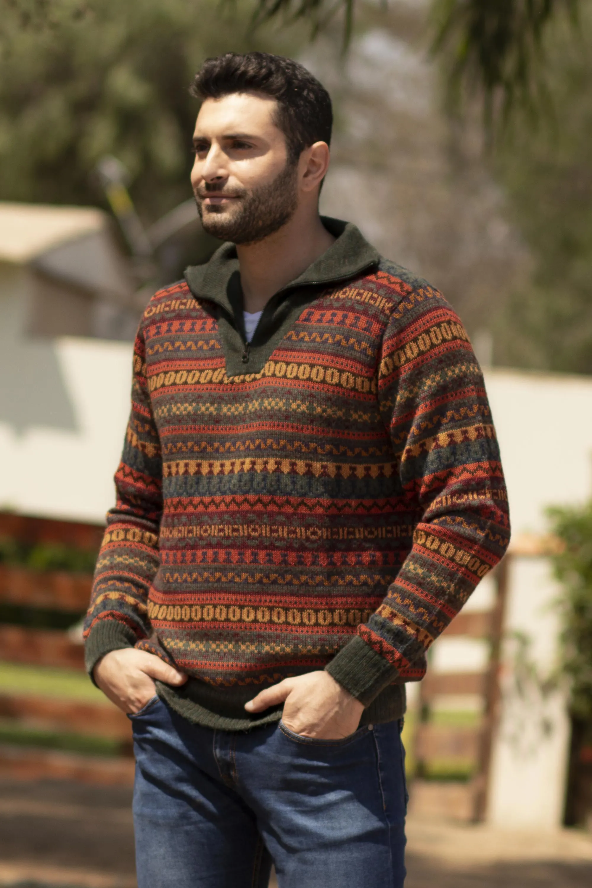 Men's Fair Trade Alpaca Art Knit Pullover Sweater - Mountain Sunset | NOVICA