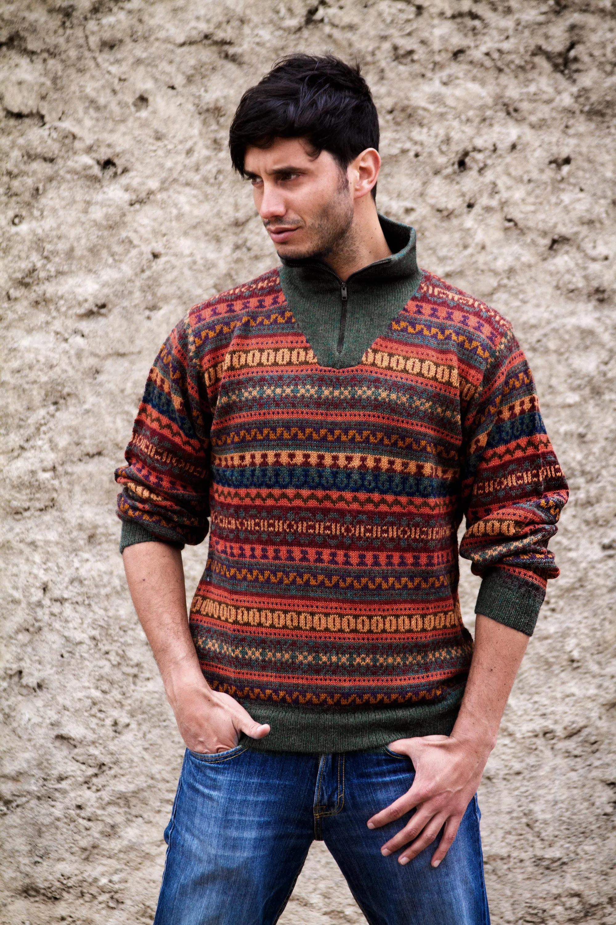 Men's Fair Trade Alpaca Art Knit Pullover Sweater - Mountain Sunset | NOVICA