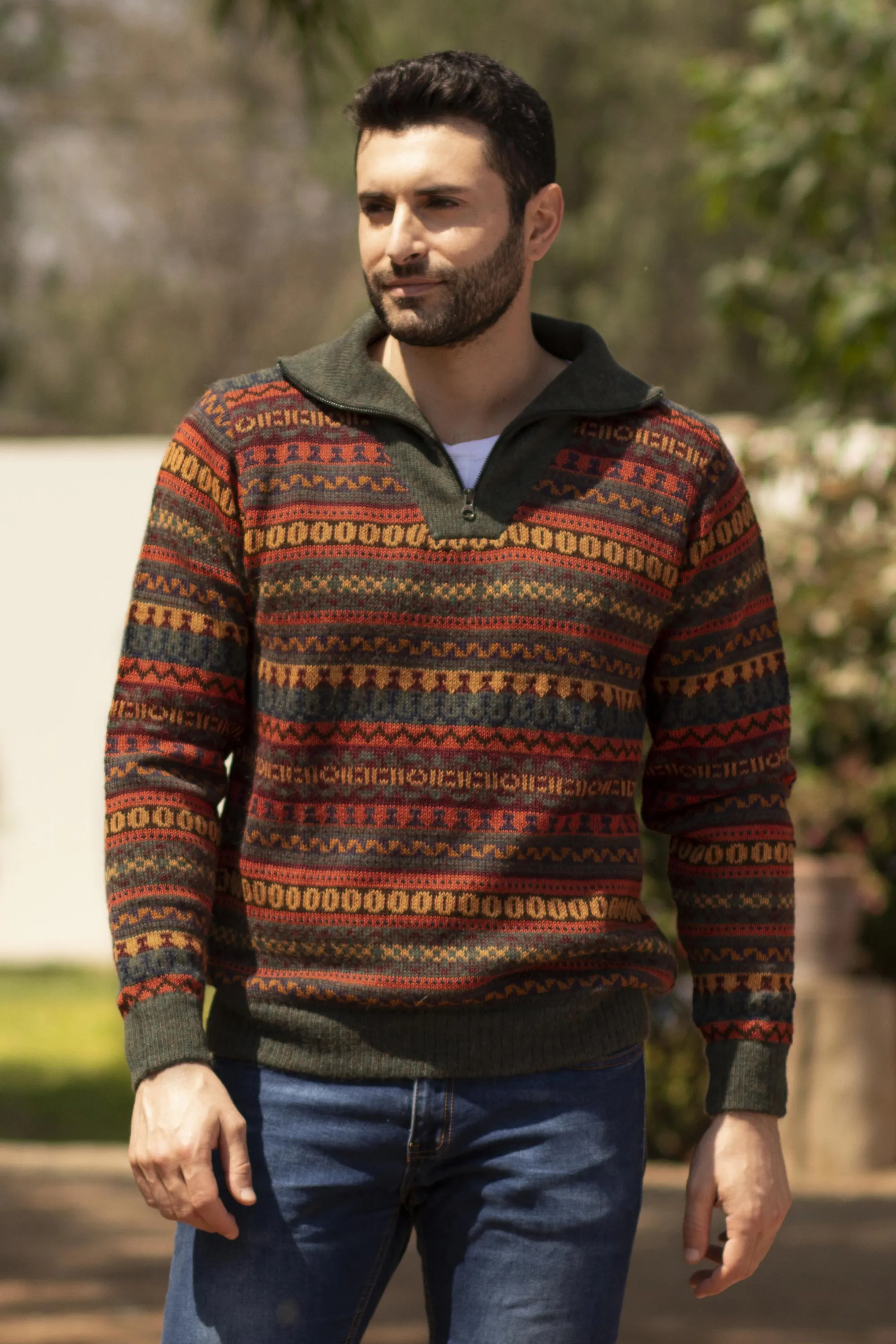 Men's Fair Trade Alpaca Art Knit Pullover Sweater - Mountain Sunset | NOVICA