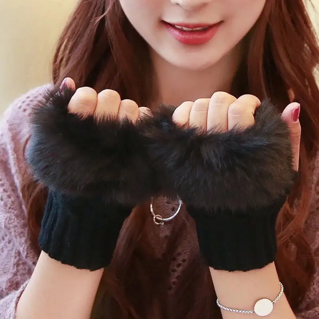 Mink Fleece Winter Half Finger Gloves Warm Luxury Solid Plush Knitted Fingerless Gloves Writting Soft Wrist Mittens (Pair)