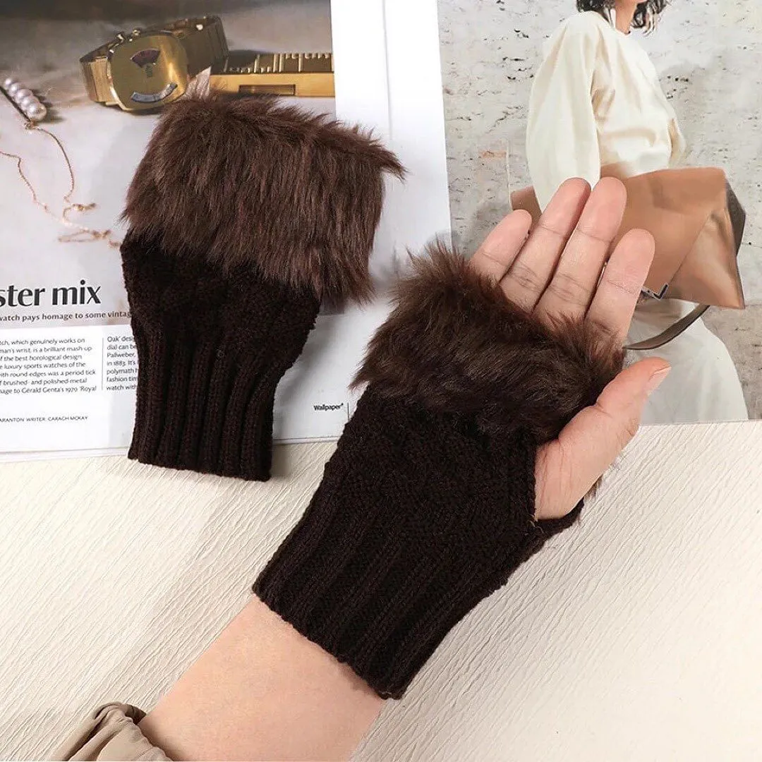 Mink Fleece Winter Half Finger Gloves Warm Luxury Solid Plush Knitted Fingerless Gloves Writting Soft Wrist Mittens (Pair)