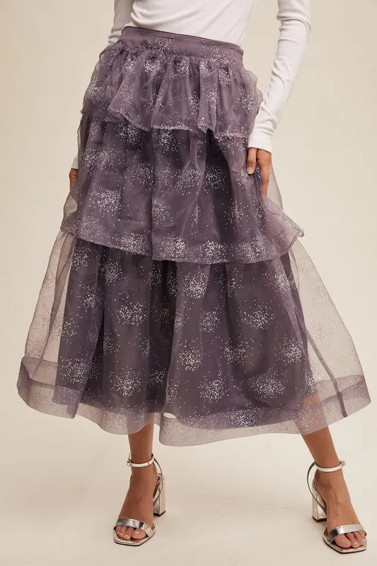 Mocha Grey Sparkle Organza Tiered Maxi Skirt