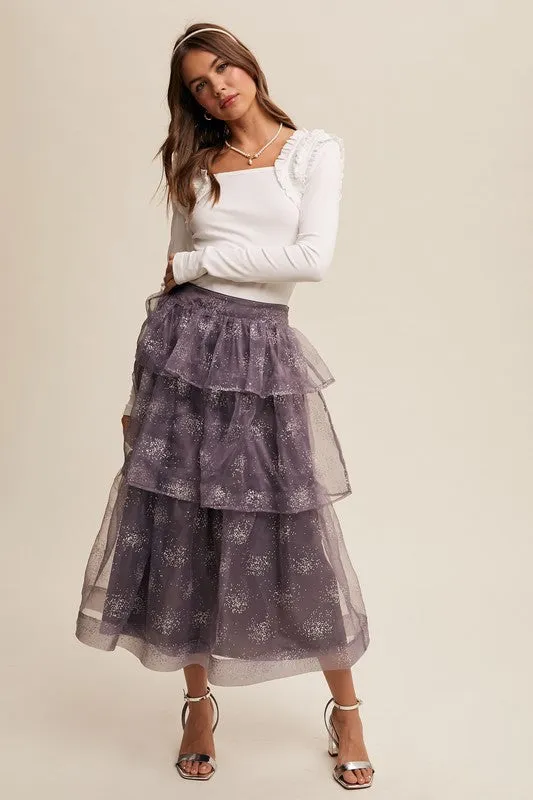 Mocha Grey Sparkle Organza Tiered Maxi Skirt