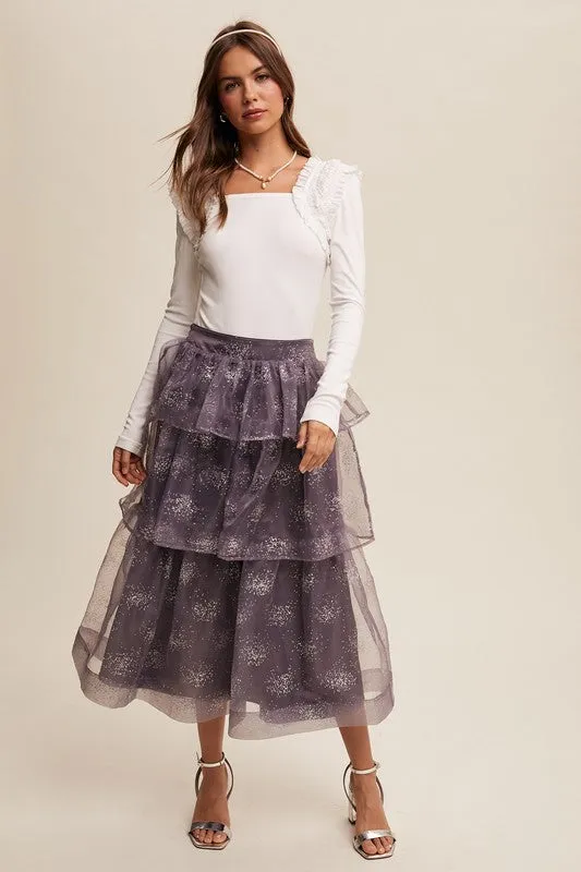 Mocha Grey Sparkle Organza Tiered Maxi Skirt