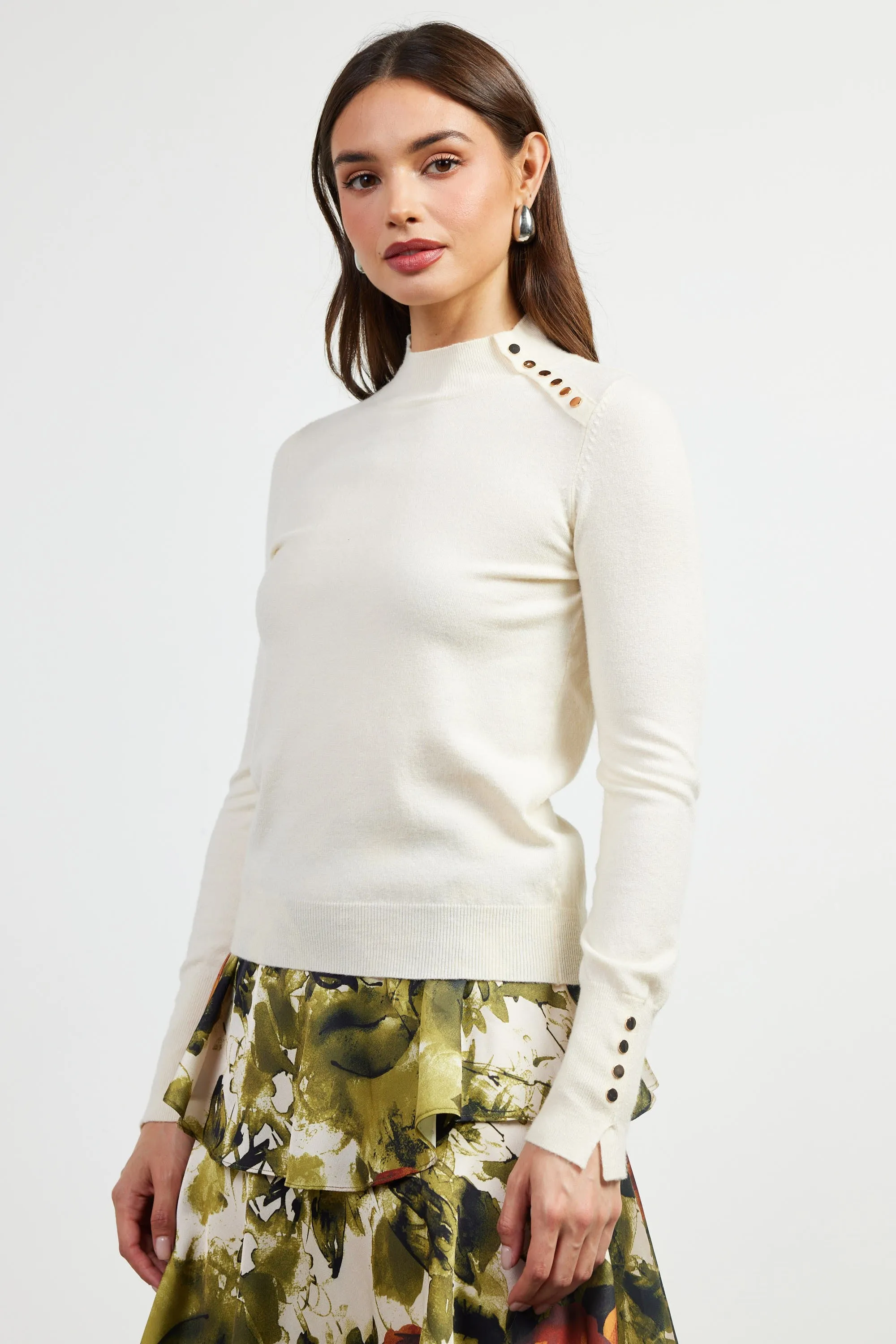 MOCK NECK SWEATER W/ BUTTON DETAIL