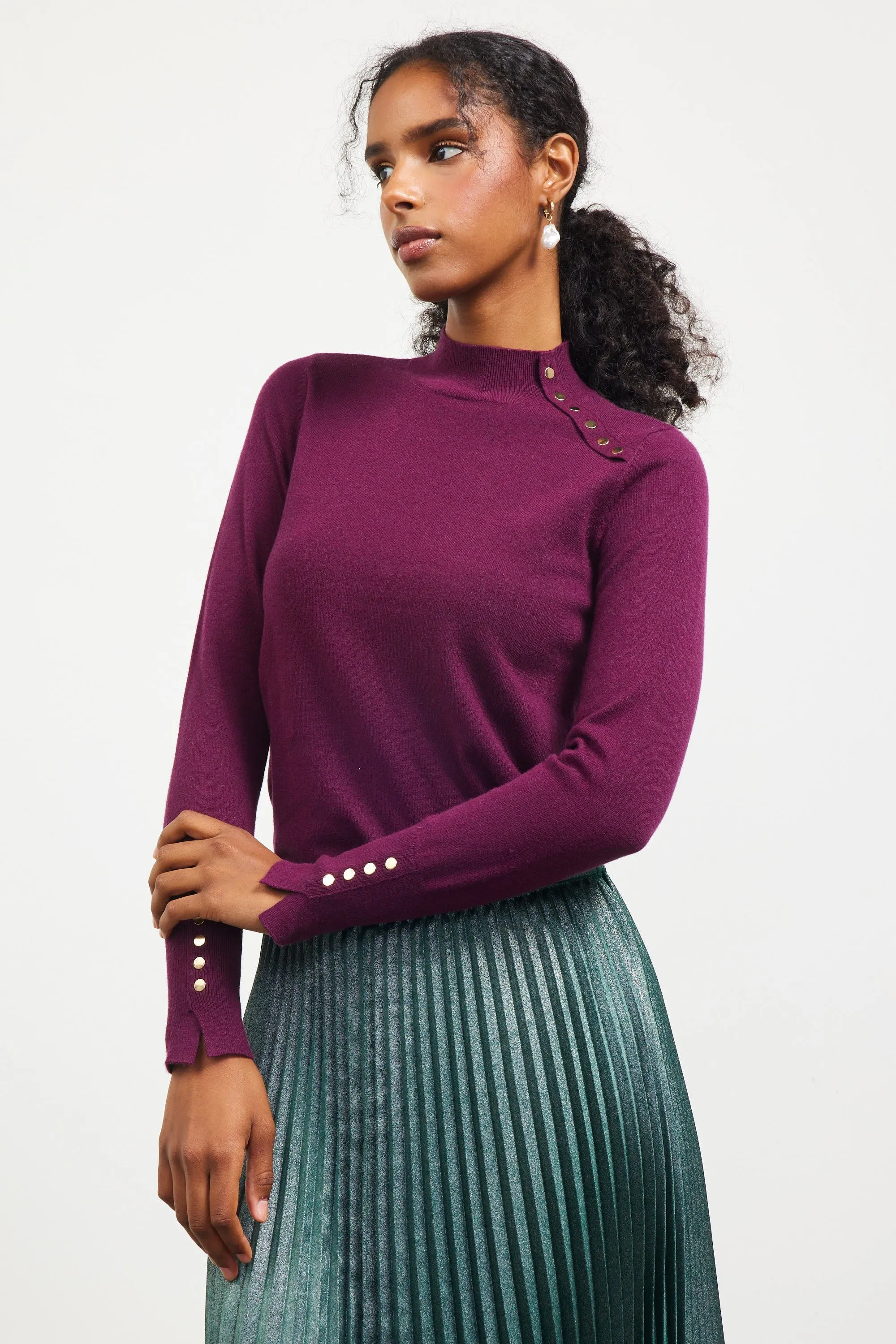 MOCK NECK SWEATER W/ BUTTON DETAIL