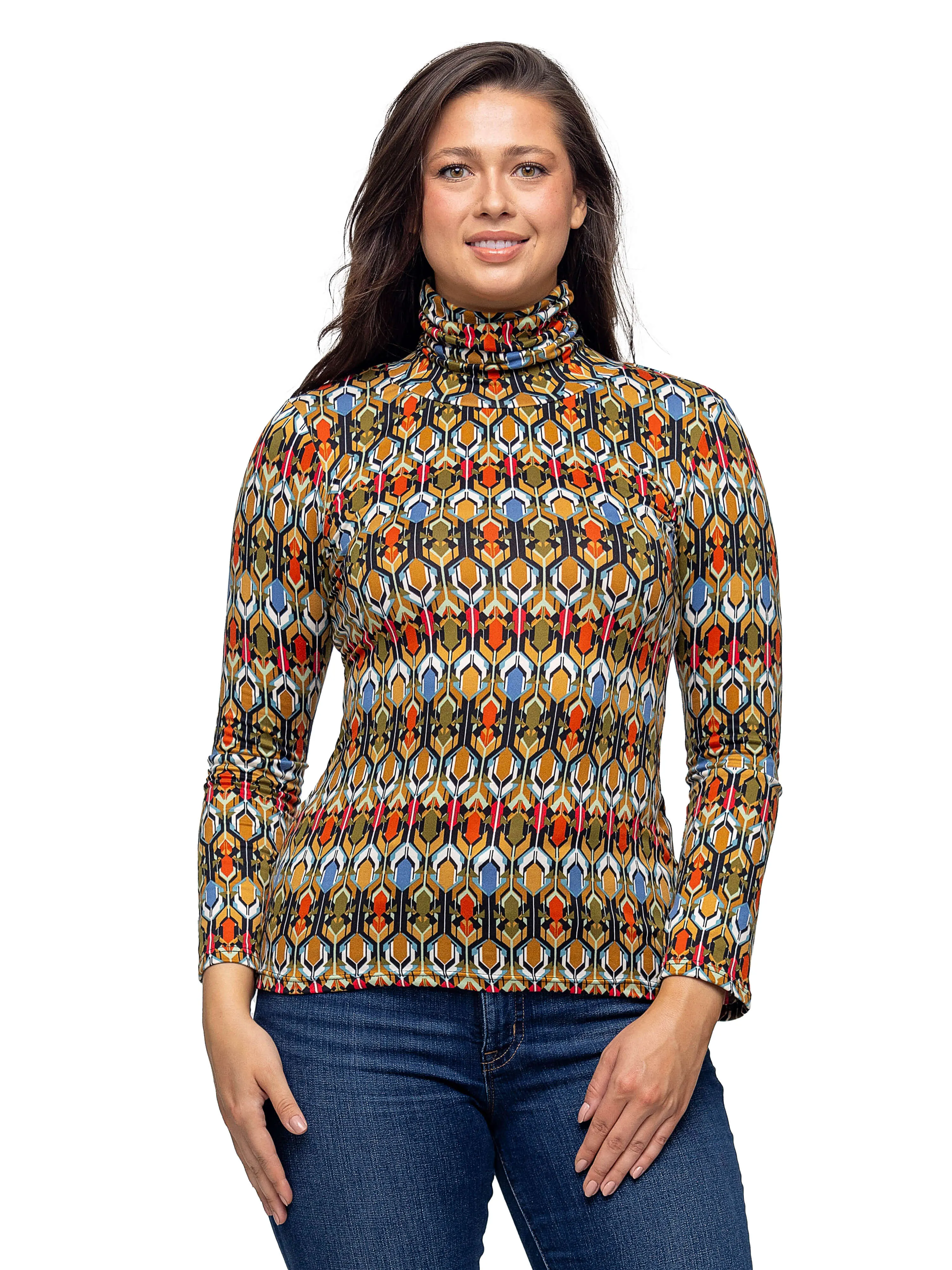 Multicolor Geo Pring Long Sleeve Turtle Neck Top