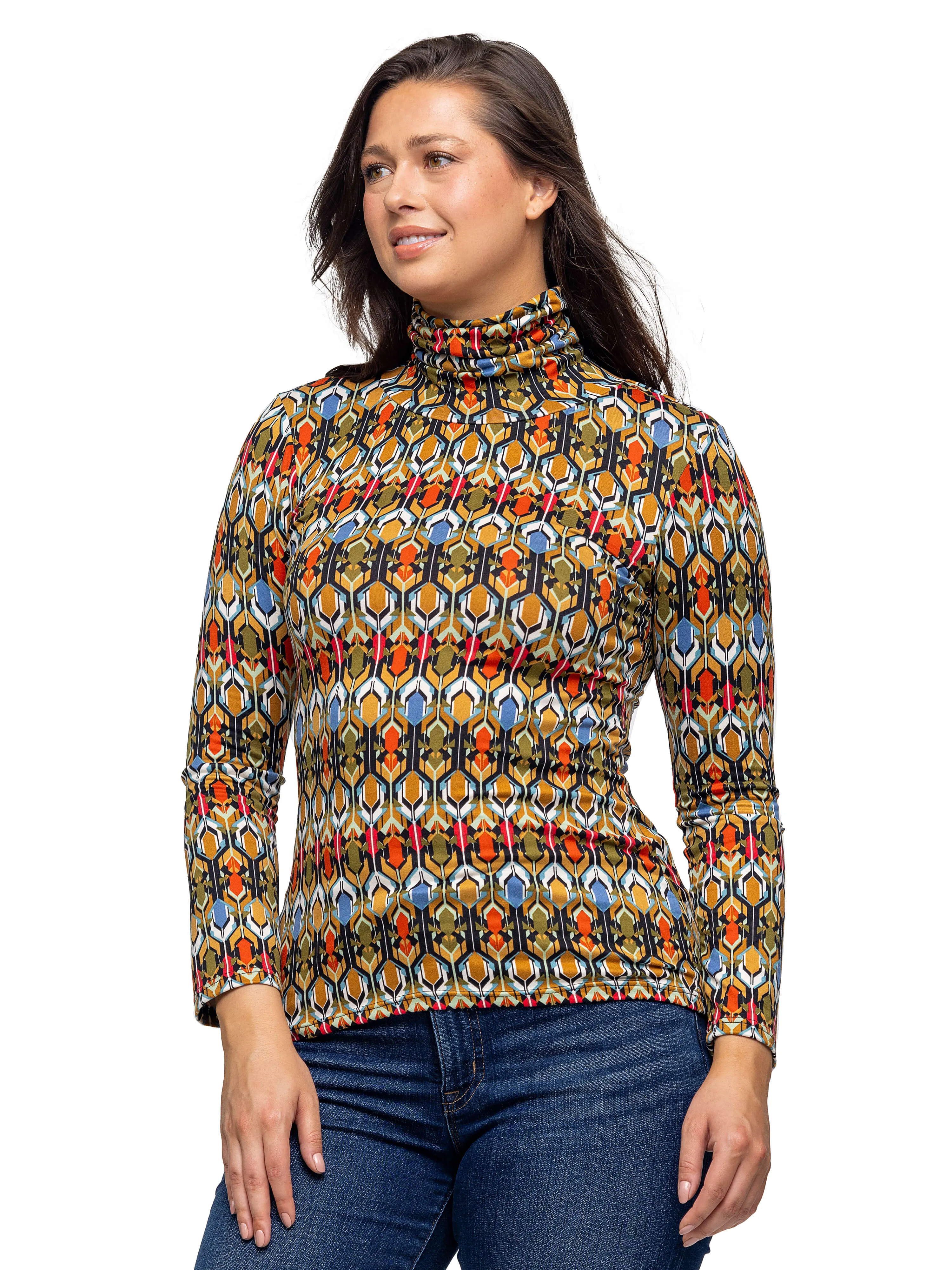 Multicolor Geo Pring Long Sleeve Turtle Neck Top