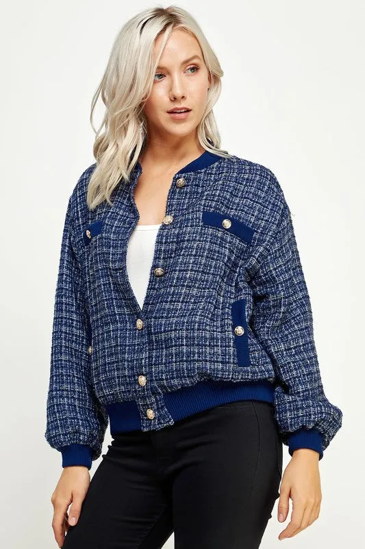 Navy Metallic Tweed Bomber Jacket