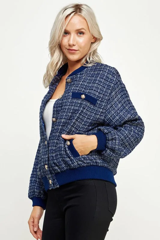 Navy Metallic Tweed Bomber Jacket