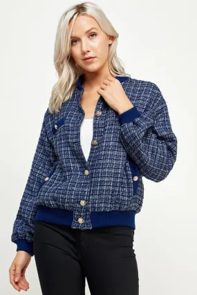 Navy Metallic Tweed Bomber Jacket