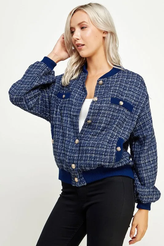 Navy Metallic Tweed Bomber Jacket