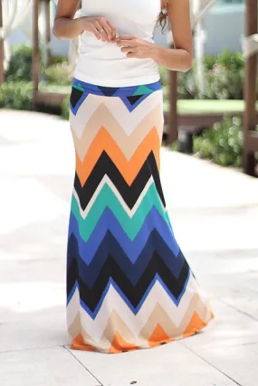 Navy Multi Color Chevron Maxi Skirt