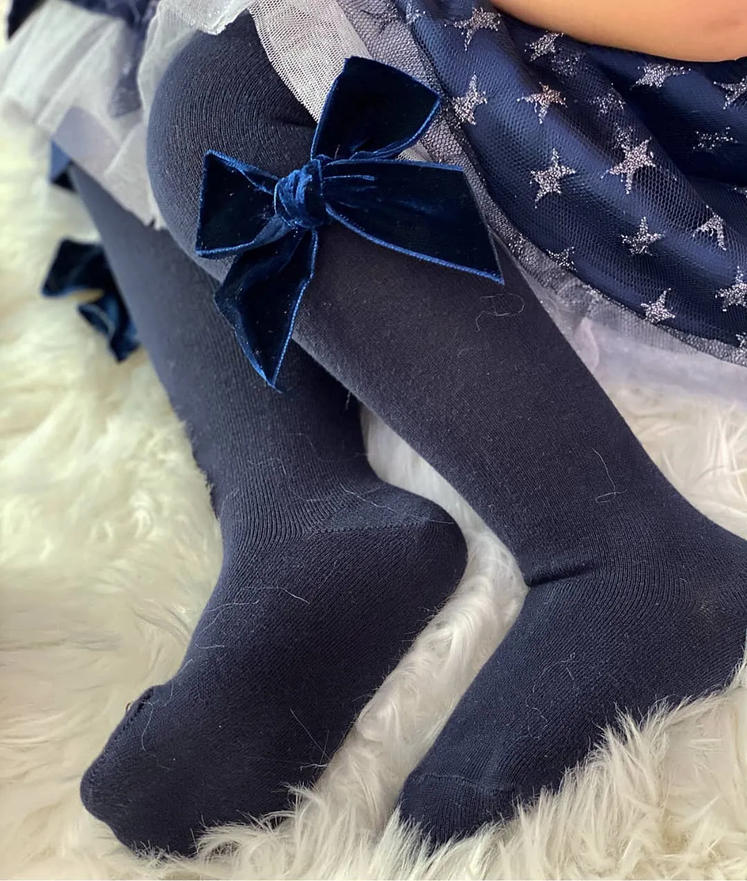 Navy Velvet Bow Tights