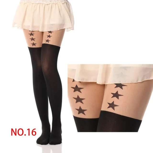 New Sexy Girl's Pantyhose Design Pattern Printed Tattoo Stockings Cat shape 20 Style Sheer Pantyhose Mock Stockings Tights  90cm