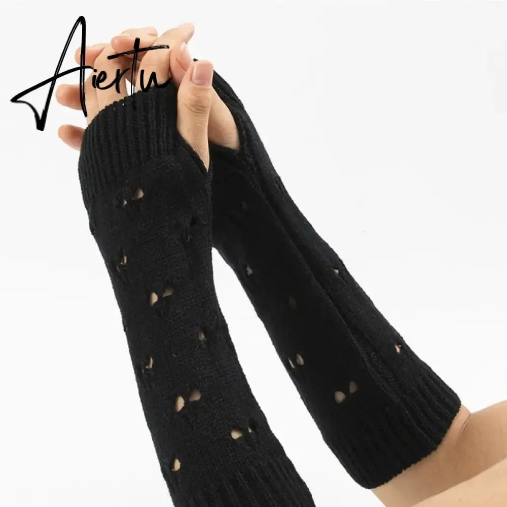 New Warmer Winter Women Gloves Stylish Hand Gloves Girl Arm Crochet Knitting Hollow Heart Mitten Warm Fingerless Gloves