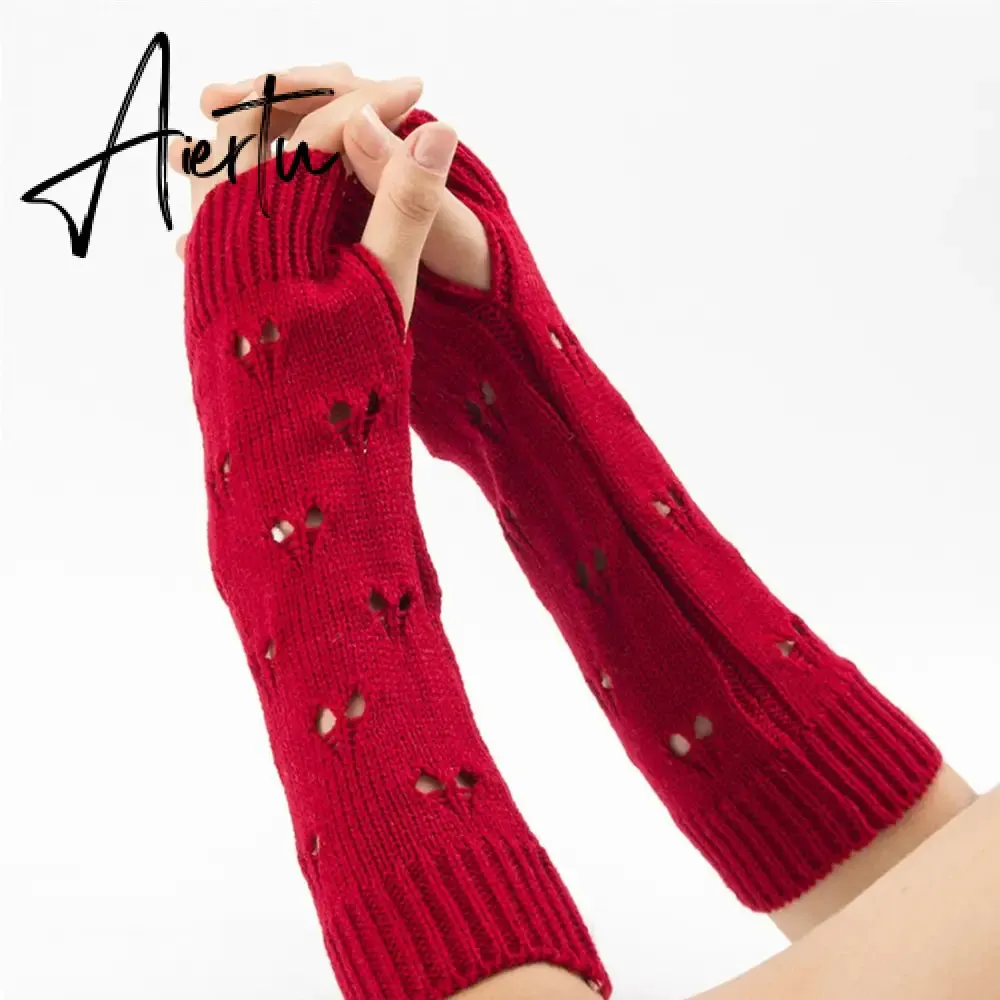 New Warmer Winter Women Gloves Stylish Hand Gloves Girl Arm Crochet Knitting Hollow Heart Mitten Warm Fingerless Gloves