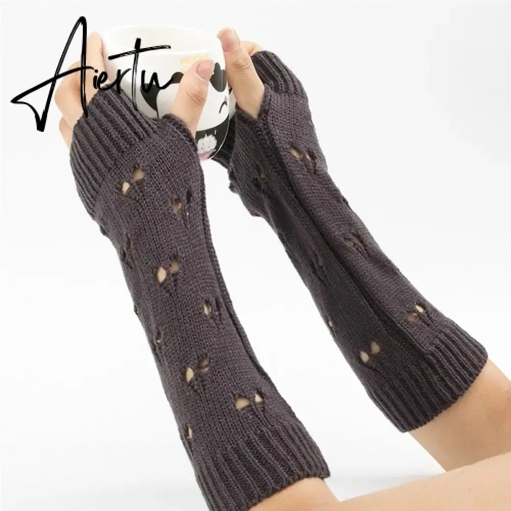 New Warmer Winter Women Gloves Stylish Hand Gloves Girl Arm Crochet Knitting Hollow Heart Mitten Warm Fingerless Gloves