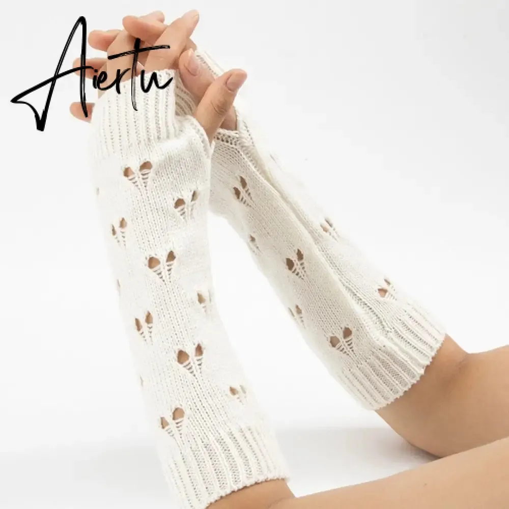 New Warmer Winter Women Gloves Stylish Hand Gloves Girl Arm Crochet Knitting Hollow Heart Mitten Warm Fingerless Gloves