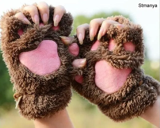 New Women Cute Cat Claw Paw Plush Mittens Warm Soft Plush Short Fingerless Fluffy Bear Cat Gloves Costume Half Finger Party Gift