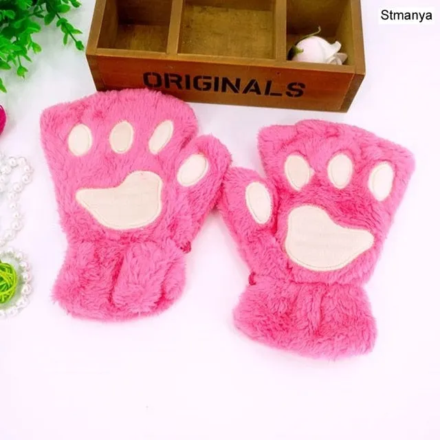 New Women Cute Cat Claw Paw Plush Mittens Warm Soft Plush Short Fingerless Fluffy Bear Cat Gloves Costume Half Finger Party Gift