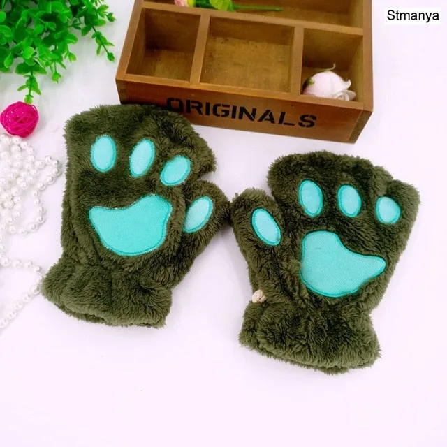 New Women Cute Cat Claw Paw Plush Mittens Warm Soft Plush Short Fingerless Fluffy Bear Cat Gloves Costume Half Finger Party Gift