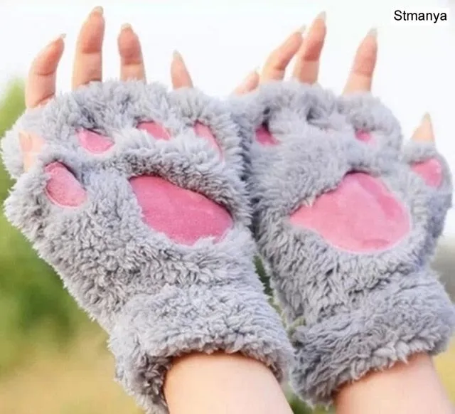 New Women Cute Cat Claw Paw Plush Mittens Warm Soft Plush Short Fingerless Fluffy Bear Cat Gloves Costume Half Finger Party Gift