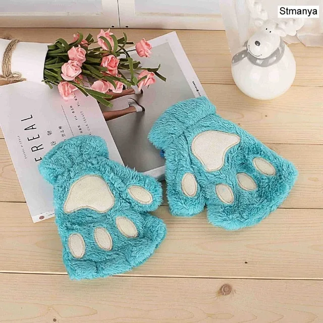 New Women Cute Cat Claw Paw Plush Mittens Warm Soft Plush Short Fingerless Fluffy Bear Cat Gloves Costume Half Finger Party Gift