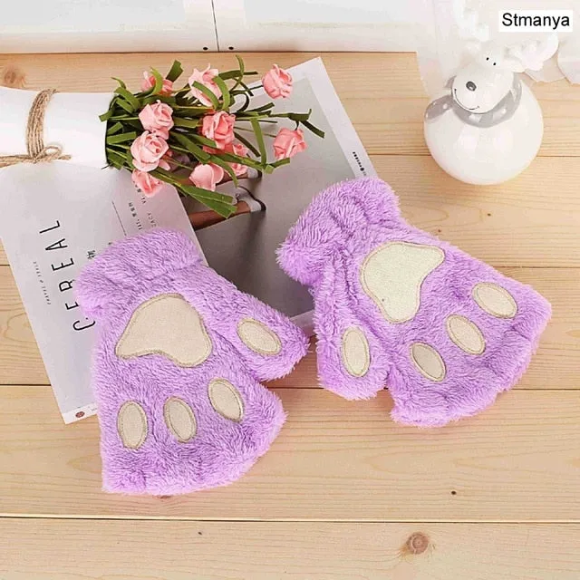 New Women Cute Cat Claw Paw Plush Mittens Warm Soft Plush Short Fingerless Fluffy Bear Cat Gloves Costume Half Finger Party Gift