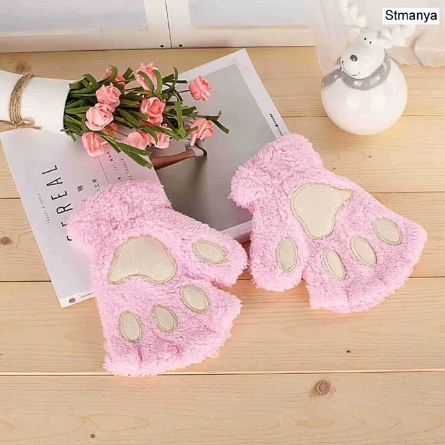 New Women Cute Cat Claw Paw Plush Mittens Warm Soft Plush Short Fingerless Fluffy Bear Cat Gloves Costume Half Finger Party Gift