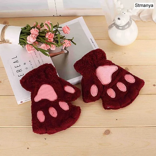 New Women Cute Cat Claw Paw Plush Mittens Warm Soft Plush Short Fingerless Fluffy Bear Cat Gloves Costume Half Finger Party Gift