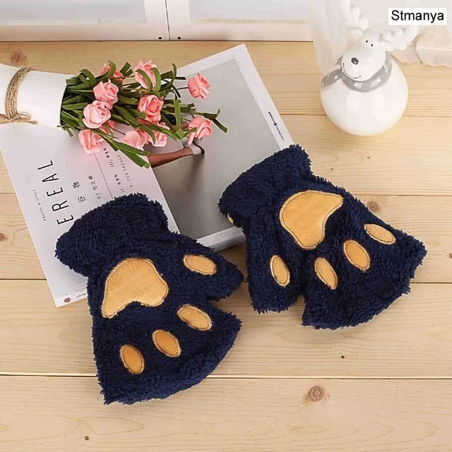 New Women Cute Cat Claw Paw Plush Mittens Warm Soft Plush Short Fingerless Fluffy Bear Cat Gloves Costume Half Finger Party Gift