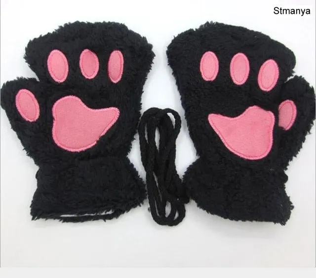 New Women Cute Cat Claw Paw Plush Mittens Warm Soft Plush Short Fingerless Fluffy Bear Cat Gloves Costume Half Finger Party Gift